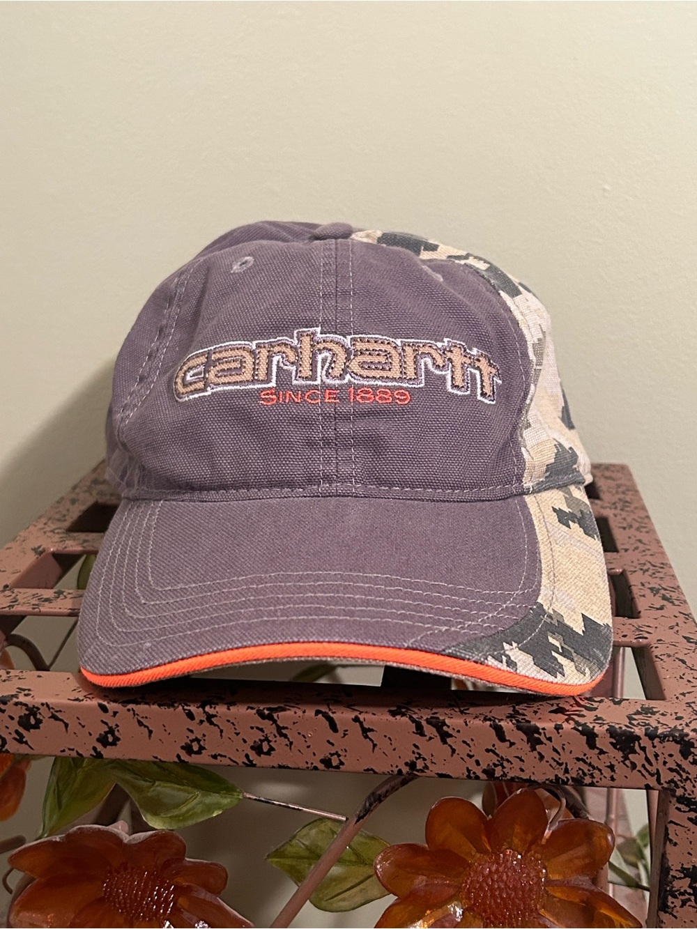 Carhartt Since 1889 Ball Cap Hat Gray Digital Camo Orange Trim Adjustable OSFA